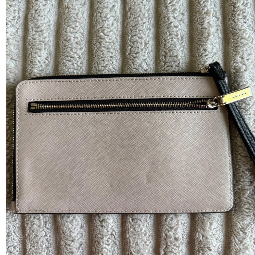 Kate Spade New York Saffiano Leather Wristlet Pouch Black Beige Colorblock